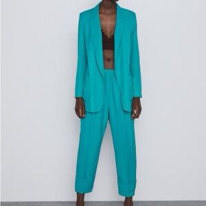 Zara Suit Teal Turquoise Blazer Cuffed Pants Medium